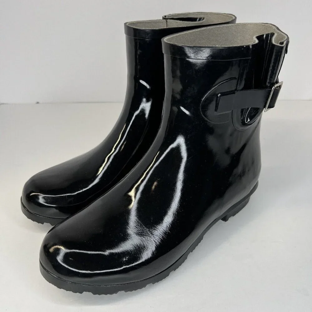 Nomad Dew Waterproof Rain Boots Womens Size 8 Silver Buckle Shiny Solid Black